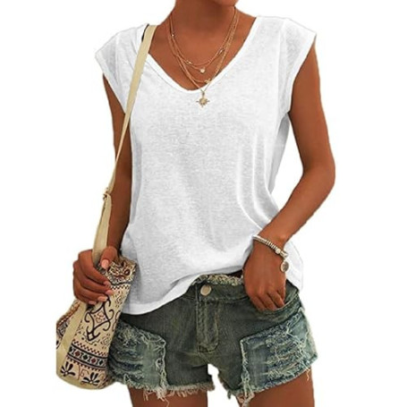 EDOTON T-Shirt à Manches Courtes pour Femme Col en V Haut Décontracté Manches Amples T-Shirt Tunique Femme Chemises Shirts