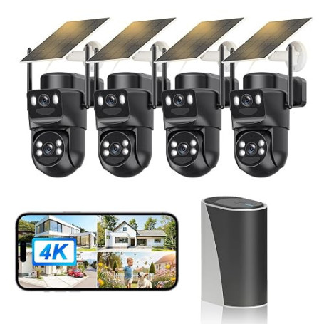 4K Camera Surveillance WiFi Exterieure sans Fil,4 Cam-Kit avec Home Station/Camera Solaire/Double Objectif,360° PTZ Sécurité à D