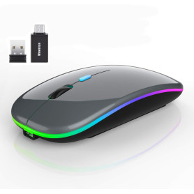 Wowssyo Souris sans fil USB 2,4 GHz - Souris Bluetooth - 1600 DPI - Suivi optique - Rechargeable - LED - Double mode - Pour ordi