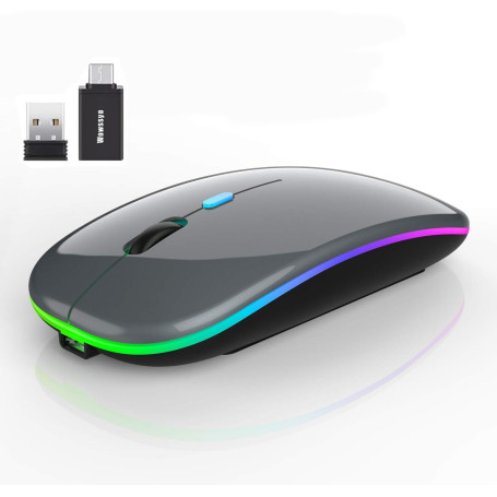 Wowssyo Souris sans fil USB 2,4 GHz - Souris Bluetooth - 1600 DPI - Suivi optique - Rechargeable - LED - Double mode - Pour ordi
