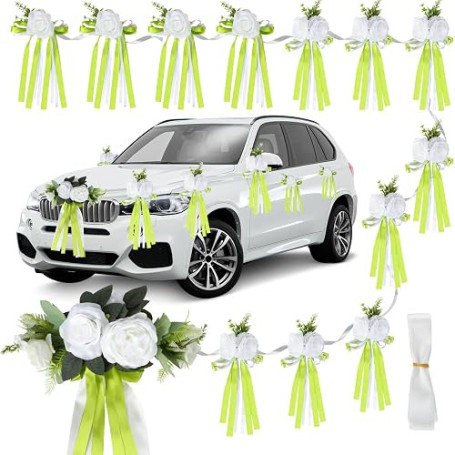 Deco Voiture Mariage, 13pcs Noeud Voiture Mariage Capot Porte Rétroviseur | Fleurs Artificielles Équipées de Ventouses, Idéales