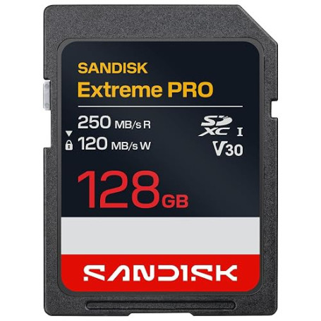 SANDISK Extreme Pro Carte SD UHS-I de 128 Go (Jusqu’à 250 Mo/s en Lecture et Jusqu’à 120 Mo/s en écriture, vidéo 4K UHD, U3, V30