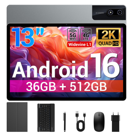 BEYNIVAN Tablette 13 Pouces Android 16 Tablette avec 4G LTE /5G WiFi,36Go+512Go/11580mAh/20W/2960x1848/Octa-Core/Face ID/BT5.0/G