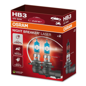 Osram NIGHT BREAKER LASER HB3, +150% more brightness, halogen headlight lamp, 9005NL-2HB, 12V, Hanging folding box (2 lamps)