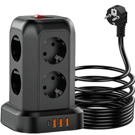 Vopersnake Multiprise Tour avec Interrupteur, 8 Prises et 4 USB, Parafoudre & Protection Contre Surtension, Rallonge Electrique 