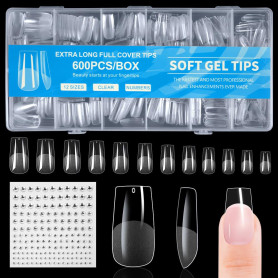 BUTBU 600pcs Capsule Americaine Ongle, 12 Tailles Faux Ongles Lon, Capsules Ongles Gel Couverture Complète pour Prothésiste Ongu
