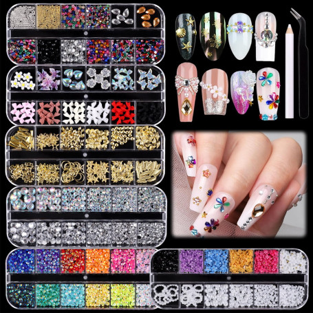 3500 Pièces Strass Ongle Nail Art, Bijoux Ongles Nail Art 3D Strass pour Ongle Avec Pince à Epiler et Stylo de Cueillette Strass