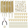 Euakee Lot de 5 rouleaux de chaîne à maillons dorés - Au mètre - Accessoires de fabrication de bijoux avec 50 breloques en acier