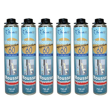 DSTOCK60 - LOT DE 6 MOUSSES PISTOLABLES - MOUSSE EXPANSIVE 750 ML - MOUSSE POLYURÉTHANE PROFESSIONNELLE - ISOLE, COLLE ET REBOUC