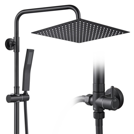 Auralum Colonne de Douche Sans Mitigeur Noir Mat en Laiton, Colonne Télescopique 68-108cm avec Tête de Douche Carrée 12", Douche