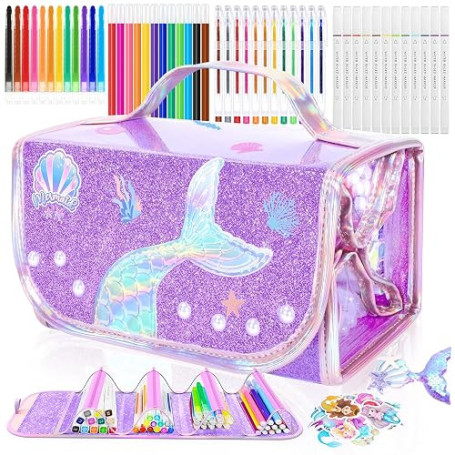 JYPS Feutres Coloriage Enfants, 70 pièces Mermaid Lavable Parfumés Marqueur Set avec Trousse, Crayons, Feutre, Malette Dessin Co