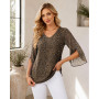 Hotouch Chemisier Femme Manches 3/4 Elegant Fluide Double épaisseur Tunique | col en V Mousseline Blouse Haut| Floral/Unie/Paill