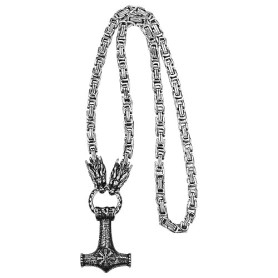 Collier avec pendentif marteau de Thor et tête de mort: homme et femme en acier inoxydable viking tête de dragon squelette chaîn