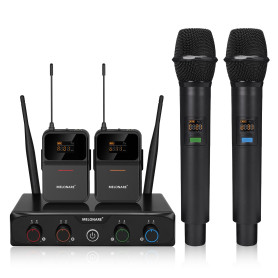 MELONARE Système Micro sans Fil UHF 4 canaux MWM-41-2H2B | 2 micros main, 2 bodypacks, micros casque/cravate, 4 x 10 fréquences,