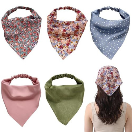 Lot de 5 Bandana Cheveux Femme en Satin - Foulard Cheveux Femme Triangulaire Style Bohème - Bandeau Cheveux Femme pour Accessoir