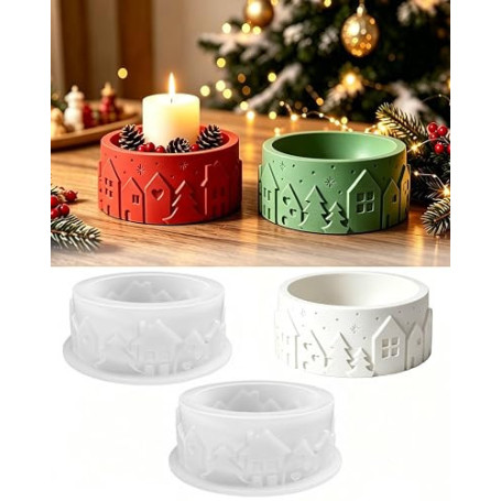 2 Moules Silicone Noël, Moule Bougie Silicone Village d'hiver et Sapin | Silicone Souple et Résistant, Moulage en Plâtre, Cire,