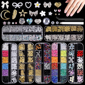 Solivive Lot de 7 Boîtes Strass Ongle Nail Art avec Bijoux Ongles, Nail Art Décorations 3D- avec Stylo à Cire pour Strass et Pin