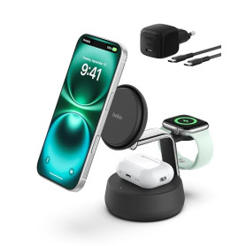 Belkin UltraCharge Pro Station sans Fil 3-en-1 25 W, Qi2.2 - Noir | Qi2, Chargeur Magnétique MagSafe, Refroidissement, Câble Et