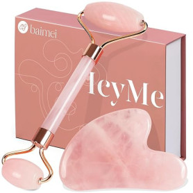 BAIMEI Gua Sha & Rouleau de Jade Visage,Massage Visage,Quartz Rose | Rouleau Massage Visage,Appareil de Massage Pour le Cou et l