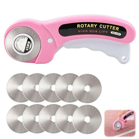 Cutter Rotatif Couture 45mm Rose avec 10 Lames de Rechange, Couteau Circulaire en Acier Inoxydable avec Mécanisme de Protection