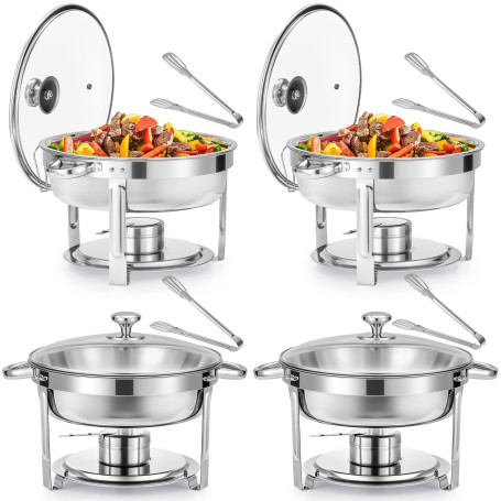 WILPREP Lot de 4 Buffets Chauffants Ronds Chafing Dish Rond 5,5L Chauffe Plat à Combustible en Acier Inoxydable Alimentaire avec