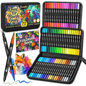Bonala Feutres Coloriage Adulte 72 Couleurs, Feutre Pinceau & Aquarelle Double Pointe Fine, Stylo Feutre Pointe Fine pour Dessin
