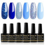 Shining She Vernis Semi Permanent, 6 Couleurs Bleu Clair Bleu Foncé Paillettes Gel UV Semi Permanent Soak Off UV/LED Vernis à On