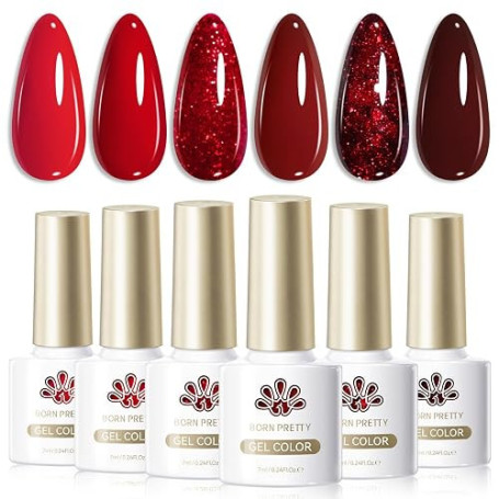 Born Pretty Vernis Semi Permanent Rouge Bourgogne Scintillant UV LED 6x7ml | Couleur vin rouge profond, effet pailleté, manucure