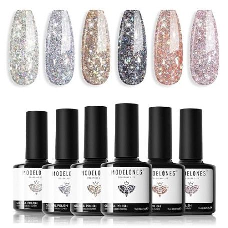 modelones Vernis Semi Permanent Pailleté, 6 Couleurs Vernis à Ongle Semi Permanent, Soak Off Nail Design Gel Polish, Nail Art Ki