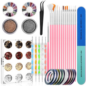 BUTBU 46 pièces kit Ongle de Nail Art avec Pinceau Nail art Ongles, Stylo de Pointage d'Ongle, Paillettes, Feuille d'Ongle, Band