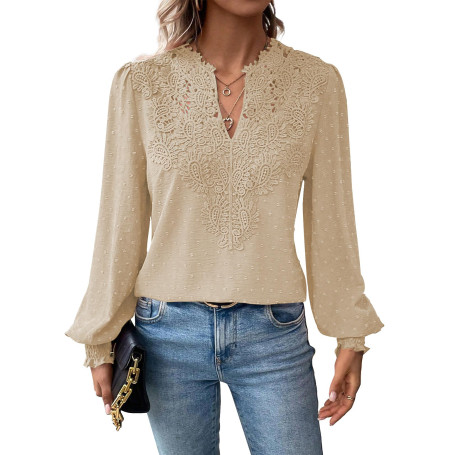 TUUHAW Tee Shirt Femme Bohème Col en V Top Manches Longues Blouse Élégant | Automne Chemise, Plissé Lâche, Dentelle Tunique, Flu