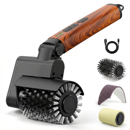 Set de brosse de barbecue électrique 3 en 1 (Revêtement en bois rouge) | Sans fil, rechargeable, imperméable, nettoyant pour bar