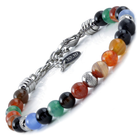 10:10 Bracelet avec pierres d'agate multicolores naturelles de 6 mm, perles en acier inoxydable, bracelet très résistant fabriqu