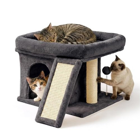 Relaxdays Arbre à Chat avec Niche, griffoir et Plate-Forme, Gris foncé | niche moelleuse pour chat, H x l x P : 38,5 x 54 x 45 c