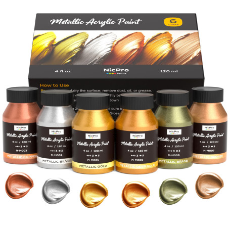Nicpro Peintures Acryliques Métalliques 6 Couleur Métal X 120 ML, Brillantes Avec Séchage Rapide, Peinture Acrylique Brillante M