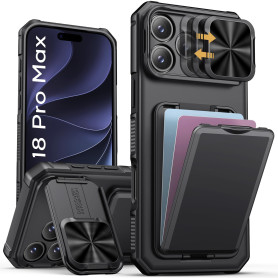 Vihibii Coque pour iPhone 18 Pro Max avec Porte Carte & Support, 2026, Noir | Protection Caméra, Béquille Réglable, Robuste Port