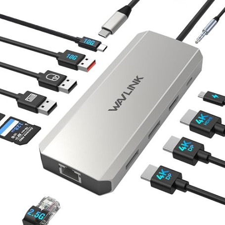 Station d'accueil pour Ordinateur Portable, WAVLINK Station d'accueil Displayport avec Double DP, HDMI, 100W PD in, 10Gbps USB A