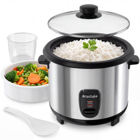tectake® Cuiseur de riz Rice Cooker Cuiseur vapeur Multifonction 2en1 Aluminium Grand Volume 1,8L avec Panier vapeur inox, verre