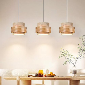 Lfoute Suspension En Travertin 3 Lumières Lustre Cylindrique Pierre Naturelle Bois Lampe Suspendue Wabi-Sabi Moderne Pour Salle