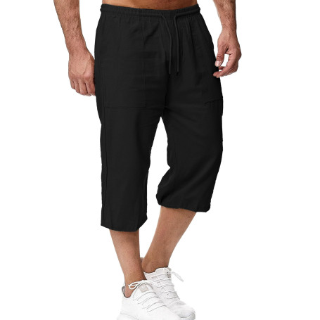 LVCBL Short en Lin pour Homme, Longueur 3/4, Pantalon d'été, pour la Plage, Le Yoga, Le Jogging, Décontracté