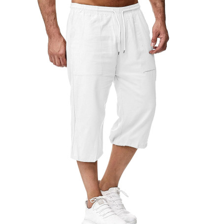 LVCBL Short en Lin pour Homme, Longueur 3/4, Pantalon d'été, pour la Plage, Le Yoga, Le Jogging, Décontracté