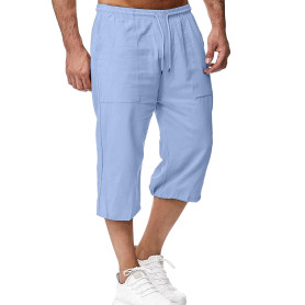 LVCBL Short en Lin pour Homme, Longueur 3/4, Pantalon d'été, pour la Plage, Le Yoga, Le Jogging, Décontracté
