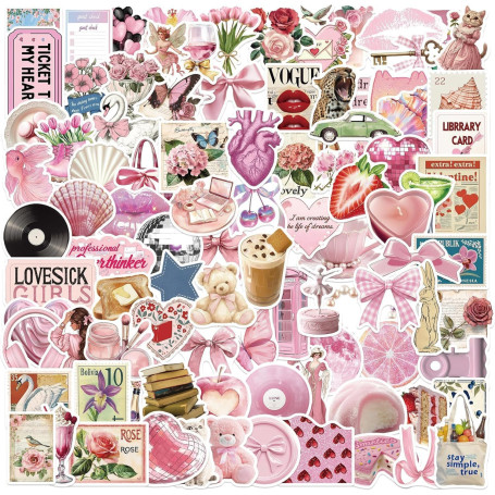 Pack de 100 Autocollants Coquette Vintage Rose Esthétique, Stickers PVC Résistants à l'Eau pour Gourde, Ordinateur Portable, Scr