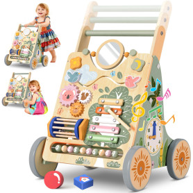 Chariot de Marche Bois pour Bébé, Centre d'Activités Multiples Montessori | Trotteur Bébé Hauteur et Vitesse Réglables, pour Fil