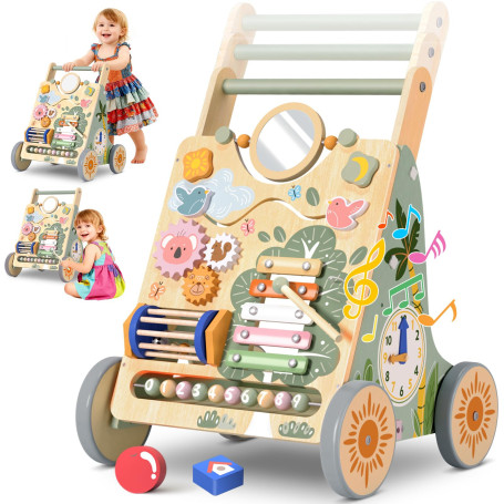 Chariot de Marche Bois pour Bébé, Centre d'Activités Multiples Montessori | Trotteur Bébé Hauteur et Vitesse Réglables, pour Fil