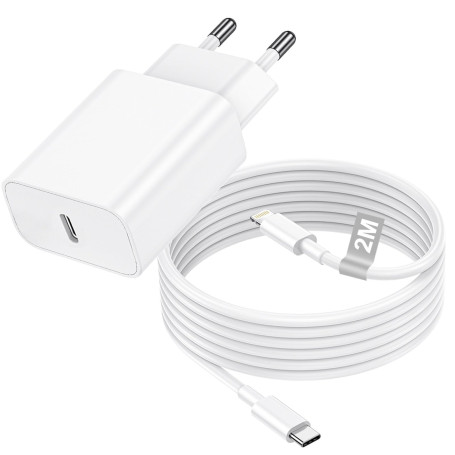 Chargeur iPhone 20W avec Cable USB C vers Lightning de 2m, Chargeur USB C Rapide avec Câble Lightning,Prise Secteur Type C pour 