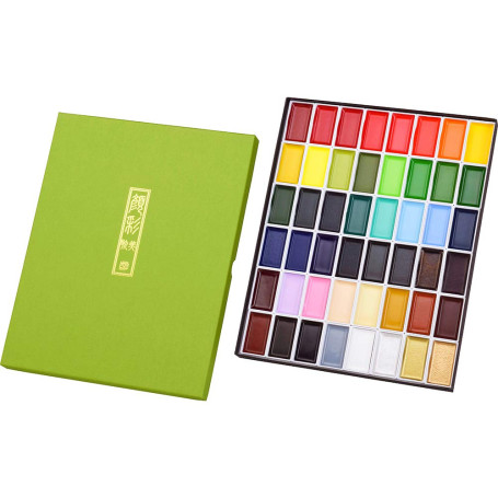 Kuretake Coffret d'aquarelles Gansai Tambi, 48 couleurs, fabriqué au Japon | 48 couleurs vives et opaques, grands godets, palett
