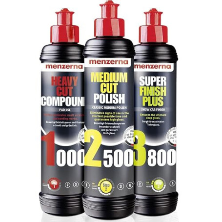 Menzerna 250 ml: Heavy Cut Compound 1000 & Medium Cut Polish 2500 & Super Finish 3800 250 ml