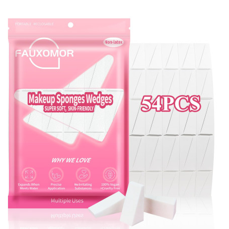 Fauxomor 54 Pcs Éponges Maquillage Triangle sans Latex pour Fond de Teint | Doux, Déchirable et Portable, Usage à Sec & Humide, 