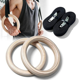 GORPENT Anneaux de Gymnastique en Bois 28cm avec Sangles de 25mm, Anneaux Gym pour Entraînement Fitness et Calisthénics à la Mai